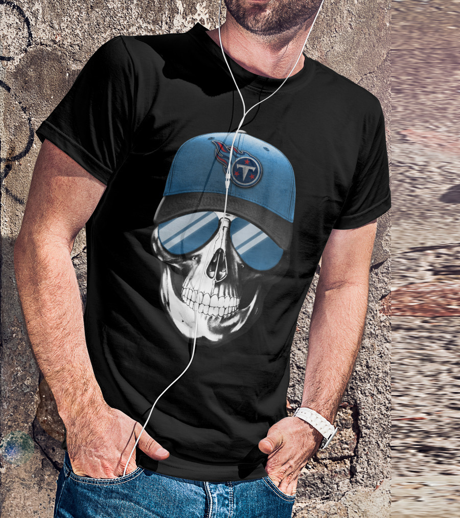 Skull With Tennessee Titans Logo Blue Cap And Sunglasses T-Shirt