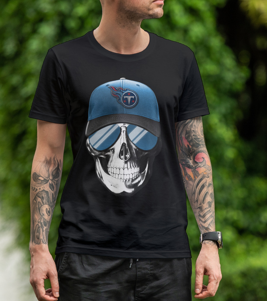 Skull With Tennessee Titans Logo Blue Cap And Sunglasses T-Shirt