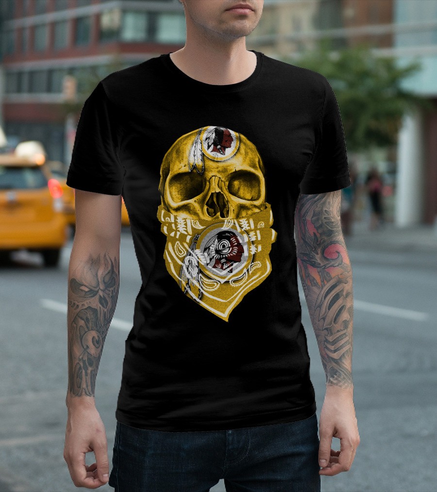 Skull Washington Redskins Logo With Yellow Bandana And Native American Symbolics T-Shirt