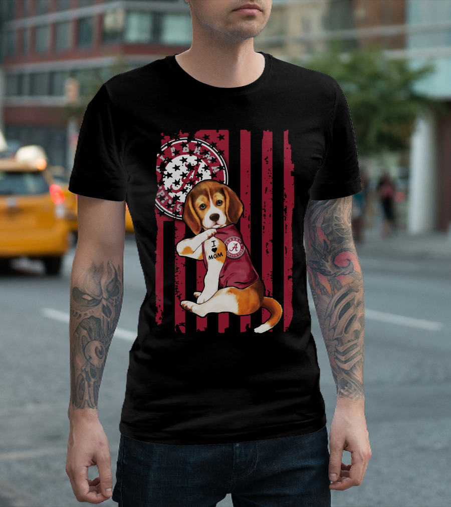 Beagle I Love Mom Alabama Crimson Tide Logo Usa Flag T-Shirt