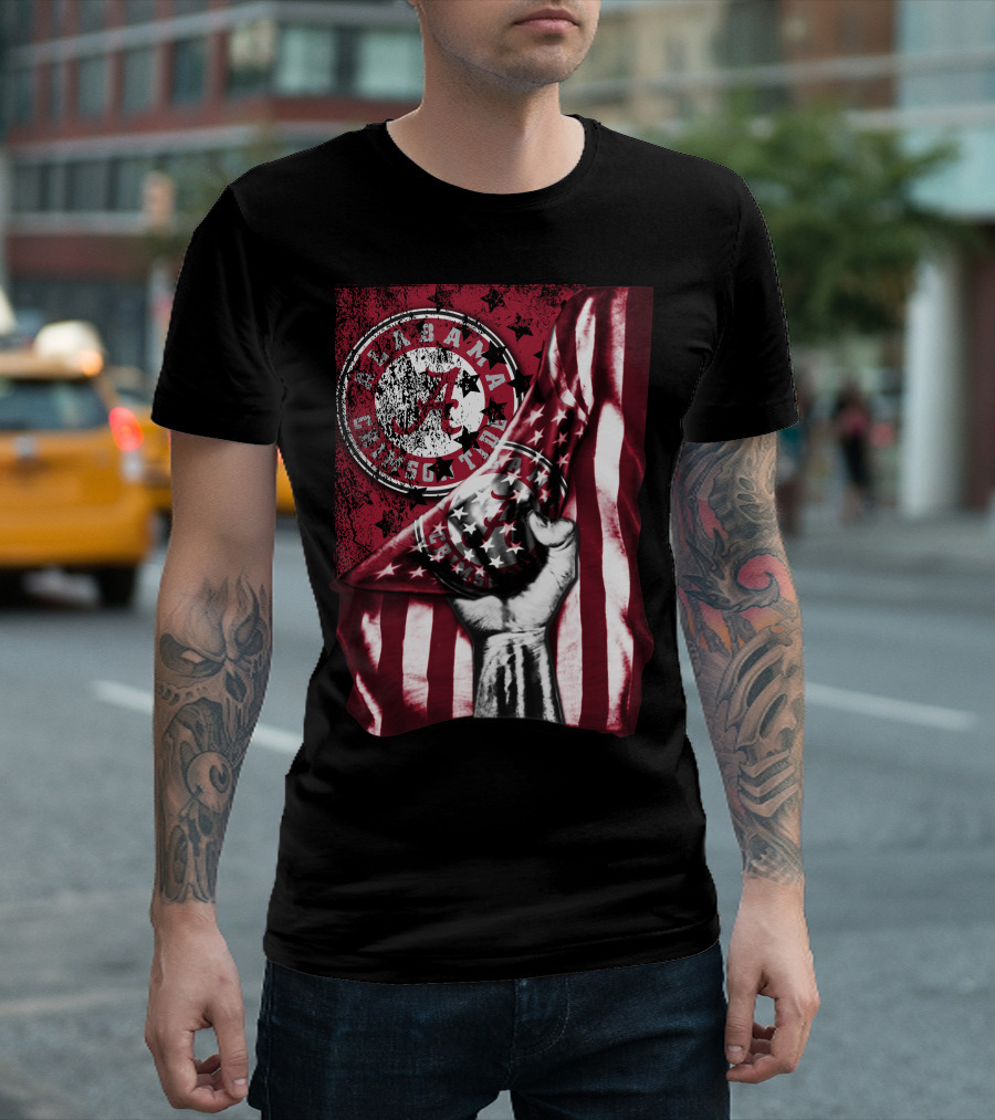 Alabama Crimson Tide Flag With Stars And Stripes Hand Motif T-Shirt