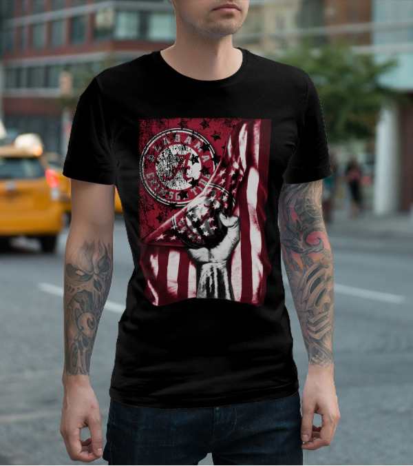 Alabama Crimson Tide Flag With Stars And Stripes Hand Motif T-Shirt