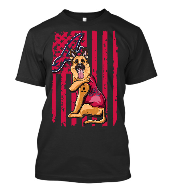 German Shepherd Wearing Atlanta Braves Jersey With A Logo And Flag Background T-Shirt