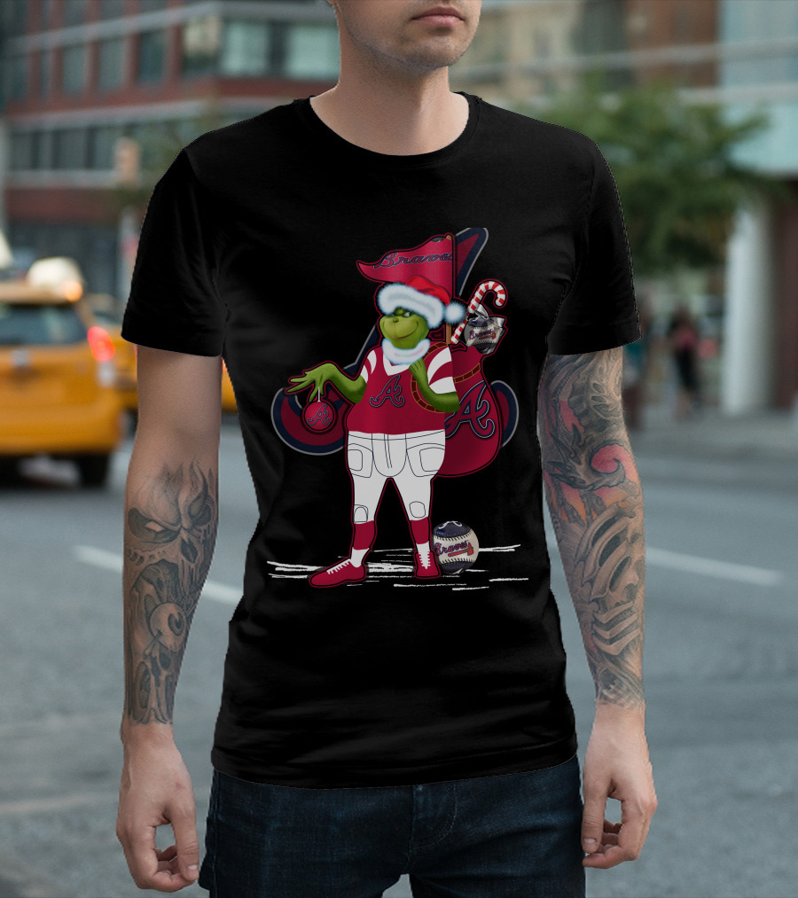 Grinchxmas Atlanta Braves Santa Holding Baseball Candy Cane T-Shirt