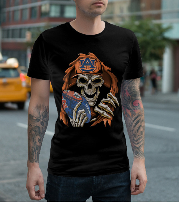 Skullbong Auburn Tigers Skeleton Holding Football Auburn University T-Shirt
