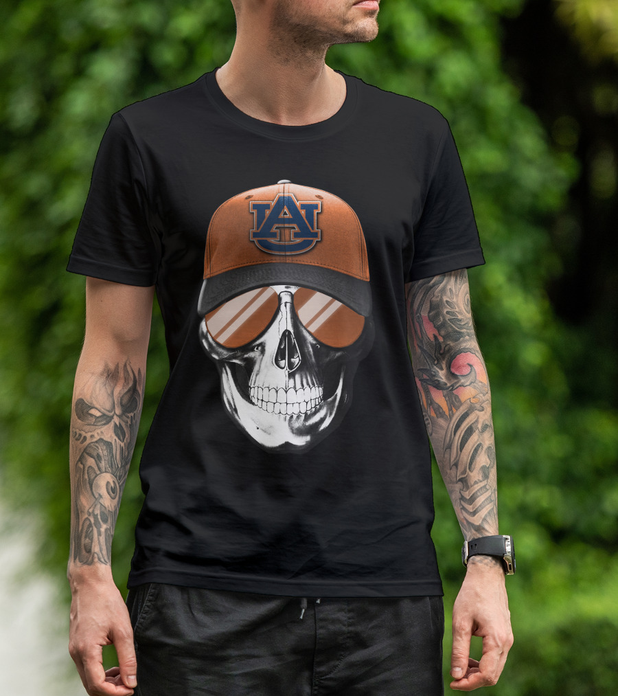 Skull V7 Auburn Tigers Hat And Sunglasses T-Shirt