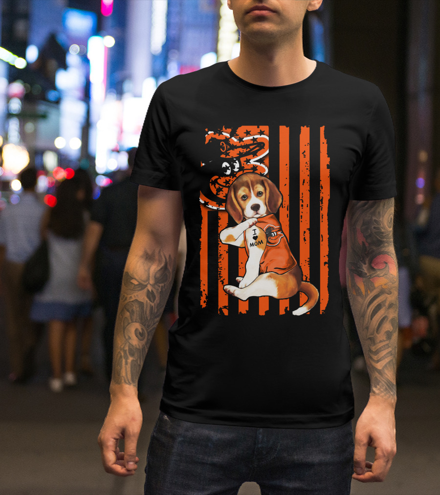 Beagle In Baltimore Orioles Orange With I Love Mom Tattoo And Stars And Stripes Background T-Shirt