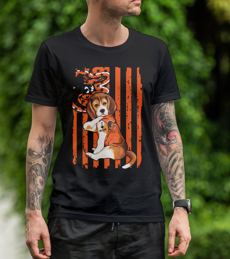 Beagle In Baltimore Orioles Orange With I Love Mom Tattoo And Stars And Stripes Background T-Shirt