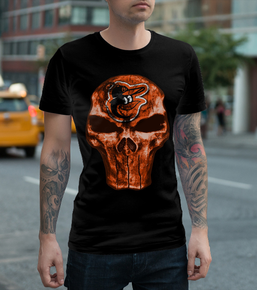 Skull V4 Baltimore Orioles Logo Grunge T-Shirt