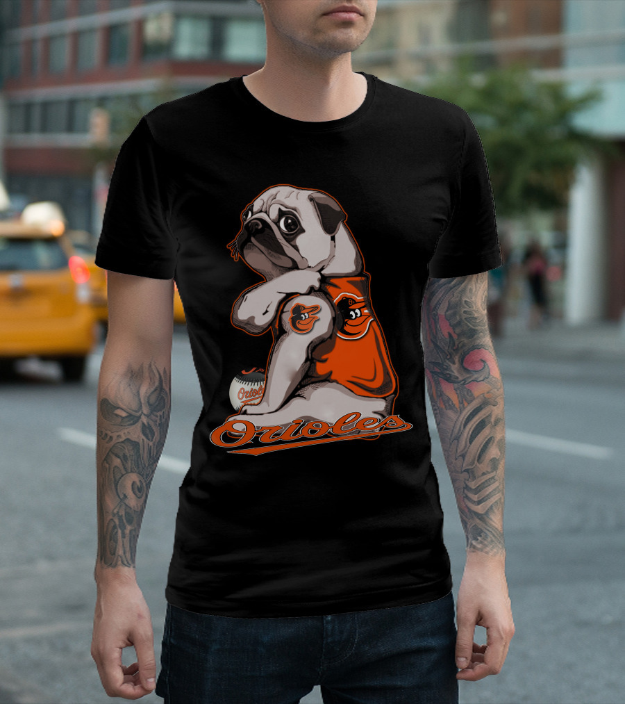 Pug Wearing Baltimore Orioles Jersey with Orioles Baseball T-Shirt