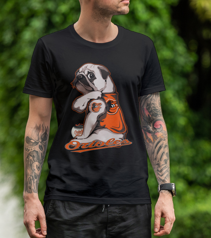 Pug Wearing Baltimore Orioles Jersey With Orioles Baseball T-Shirt