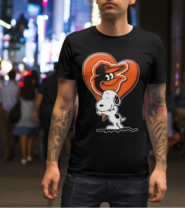 Snoopy Hugging Heart With Baltimore Orioles Bird T-Shirt
