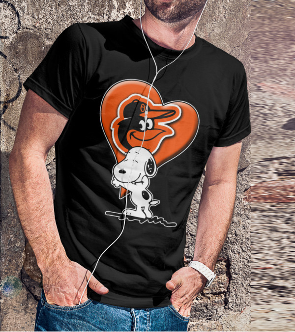Snoopy Hugging Heart With Baltimore Orioles Bird T-Shirt