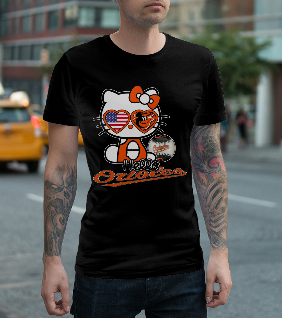 Hello Kitty Orioles Baltimore American Flag Baseball T-Shirt
