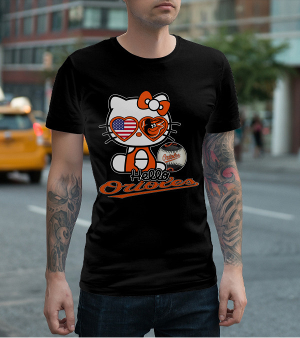Hello Kitty Orioles Baltimore American Flag Baseball T-Shirt