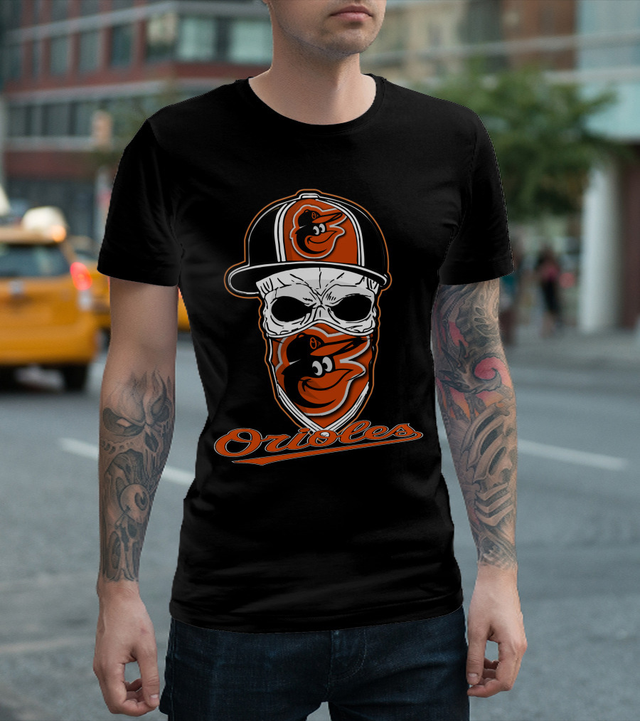 Skull Face Mask Baltimore Orioles Logo Hat T-Shirt