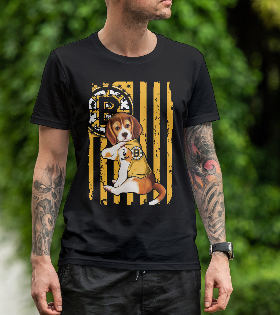 Beagle Puppy I Love Mom Boston Bruins Fan T-Shirt