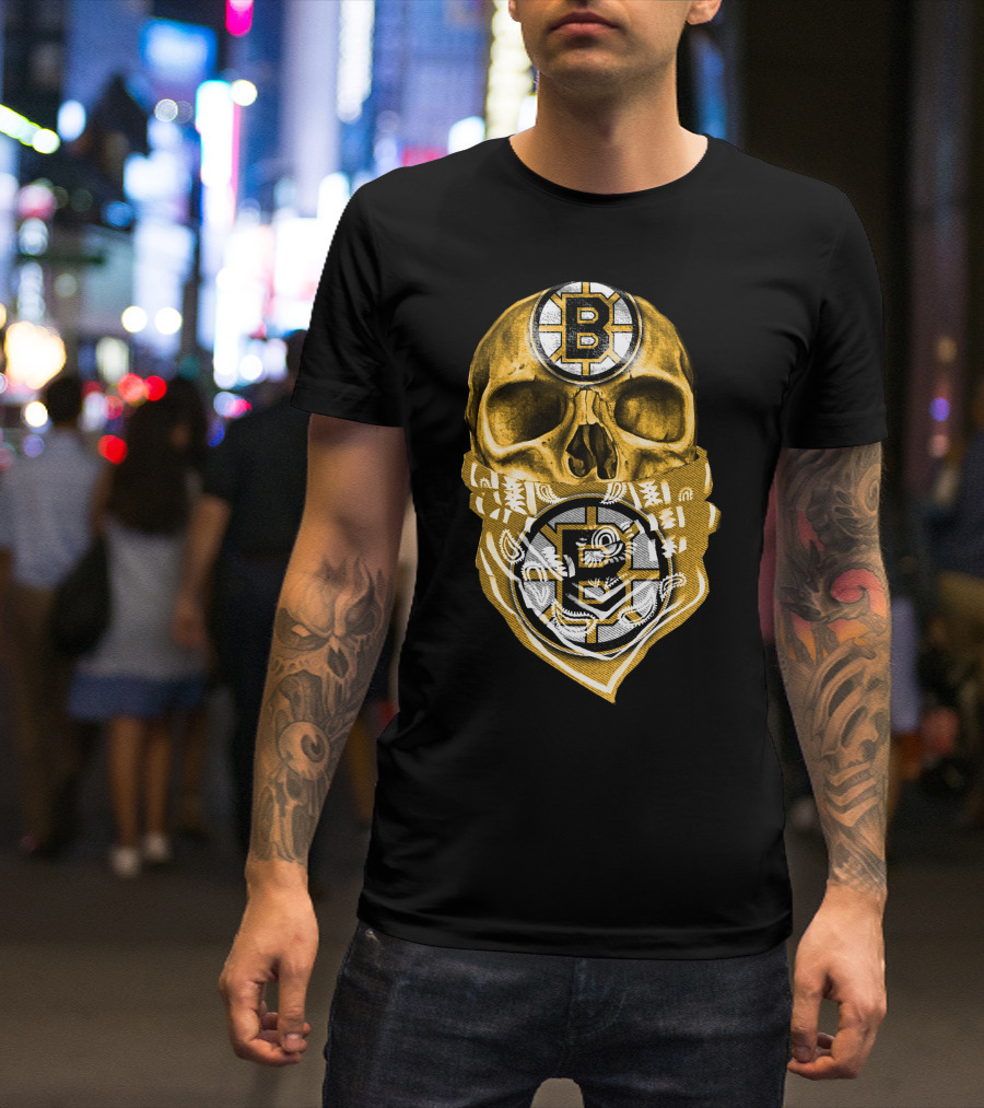 Boston Bruins Skull Bandana Logo Fan T-Shirt