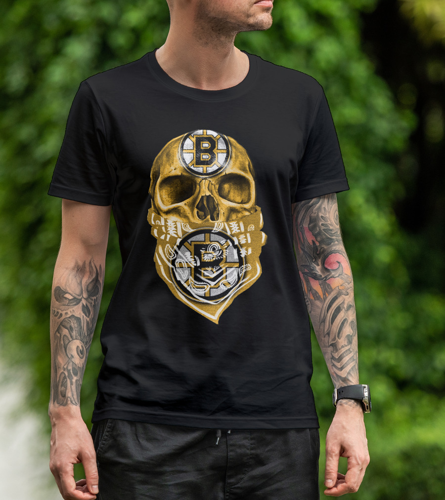Boston Bruins Skull Bandana Logo Fan T-Shirt
