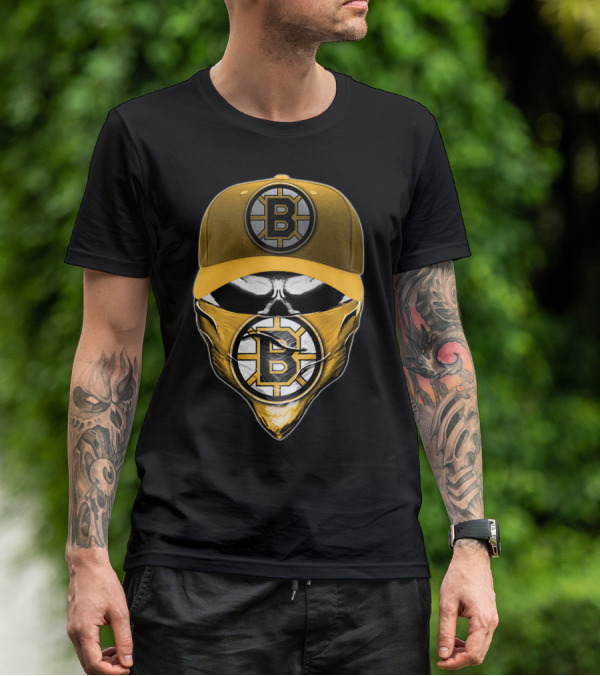 Skull Boston Bruins Logo Cap Mask T-Shirt