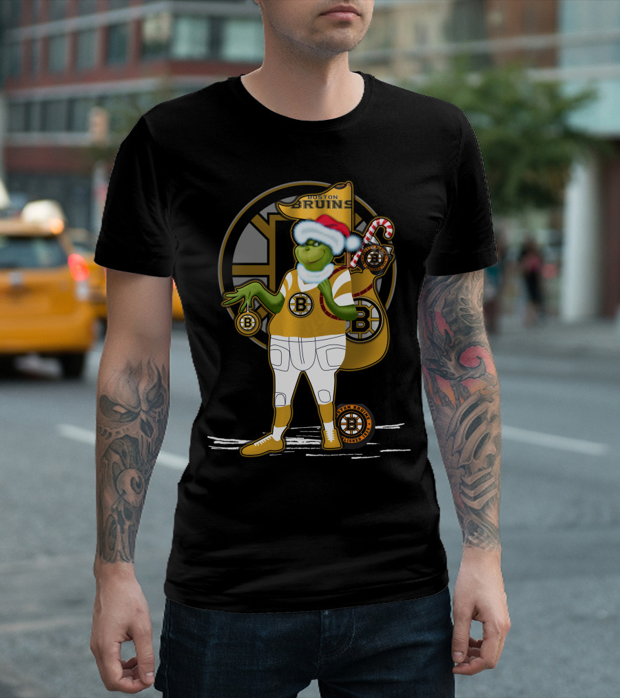 Grinch Boston Bruins Santa Hat Candy Cane Bruins T-Shirt