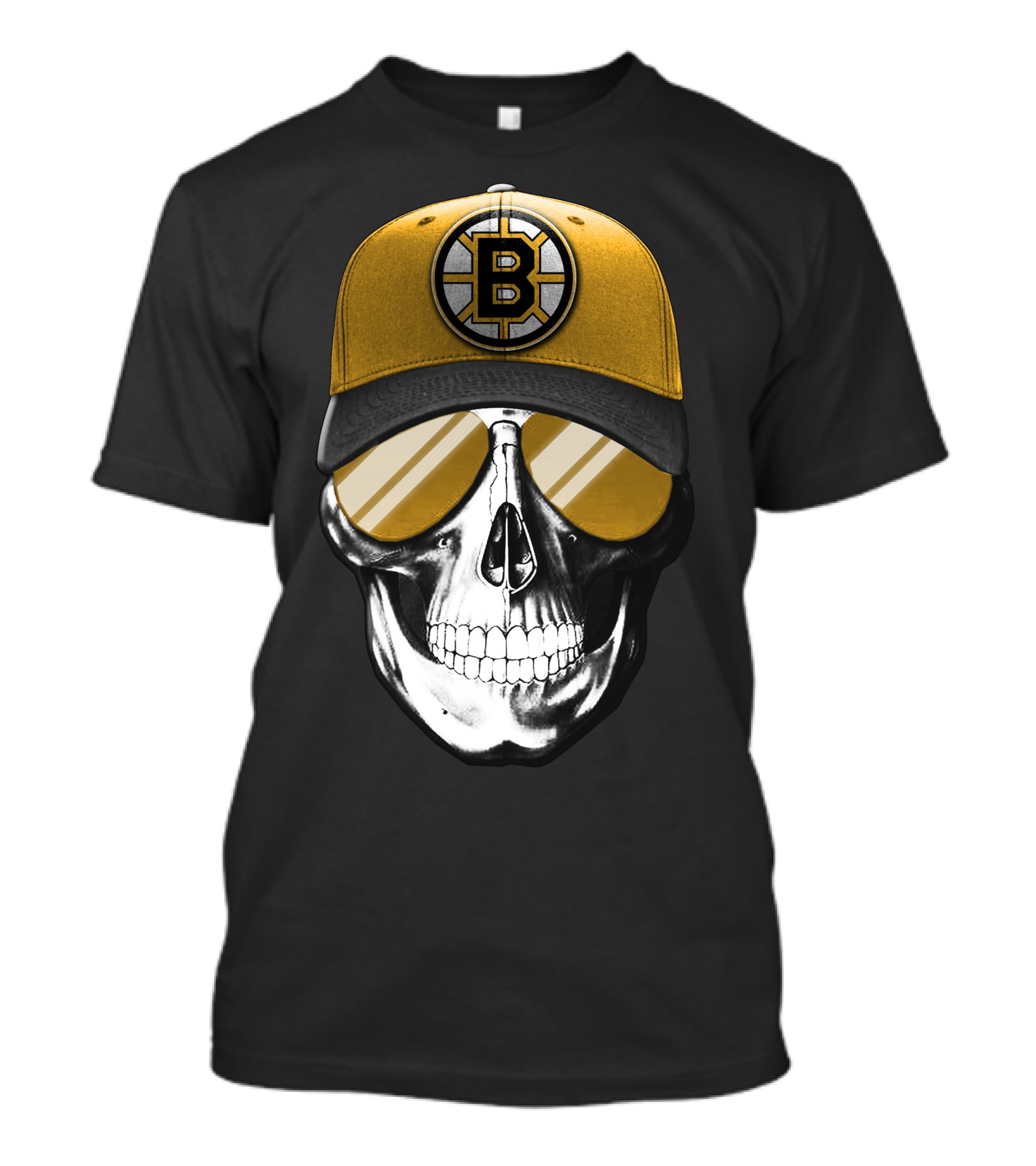 Skull In Yellow Boston Bruins Cap And Sunglasses T-Shirt