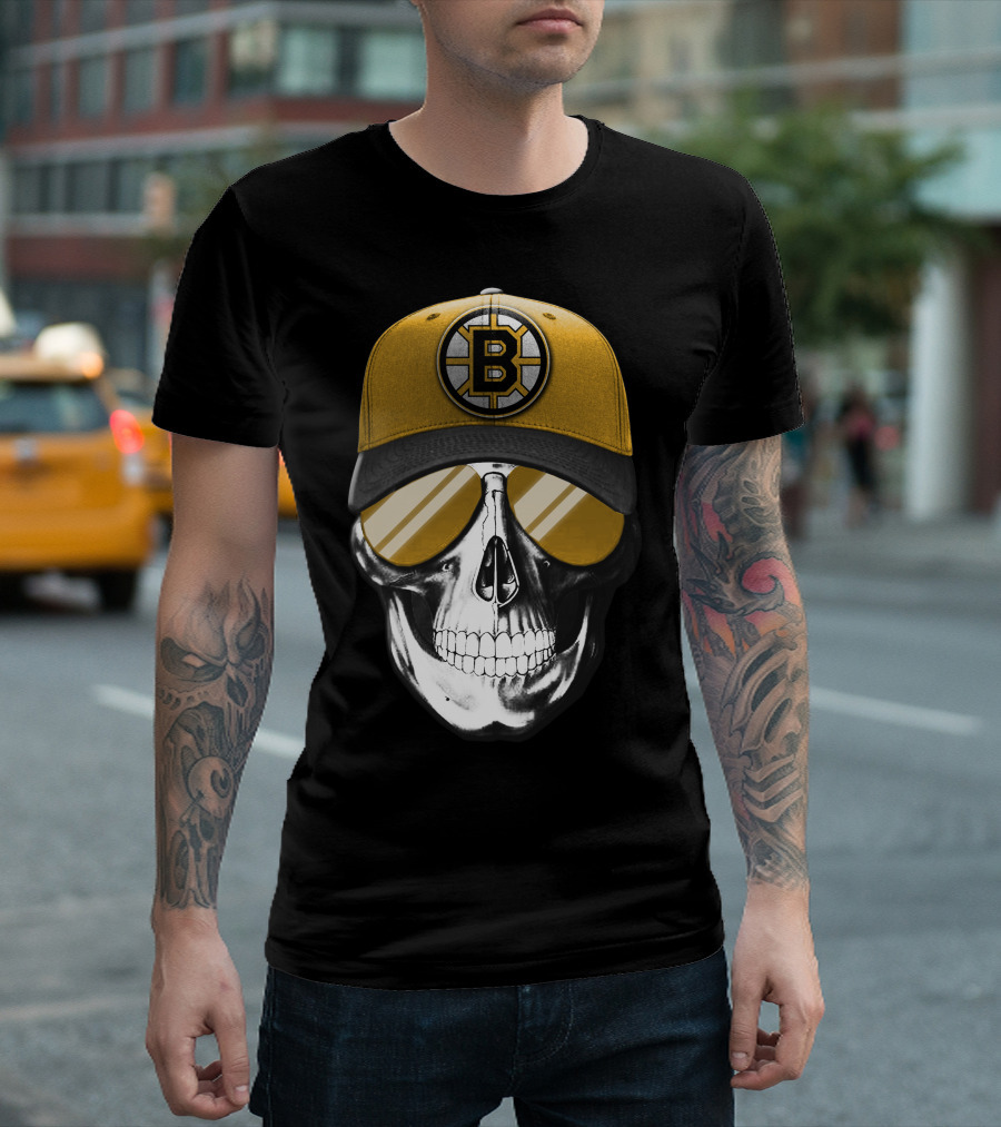 Skull in Yellow Boston Bruins Cap and Sunglasses T-Shirt