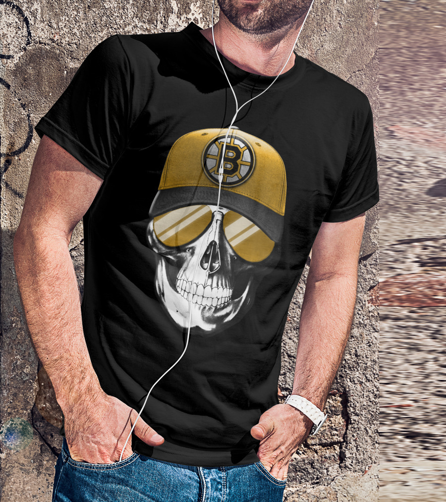 Skull In Yellow Boston Bruins Cap And Sunglasses T-Shirt
