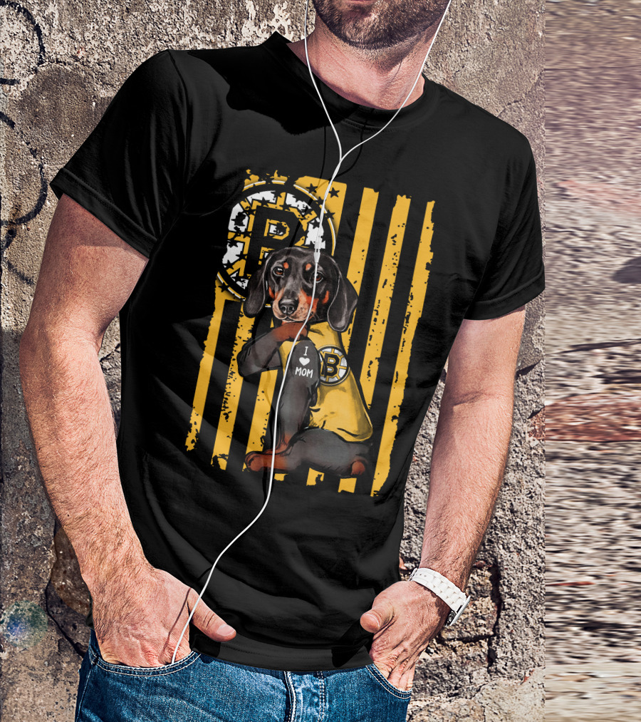 Dachshund I Love Mom Boston Bruins Stripes T-Shirt