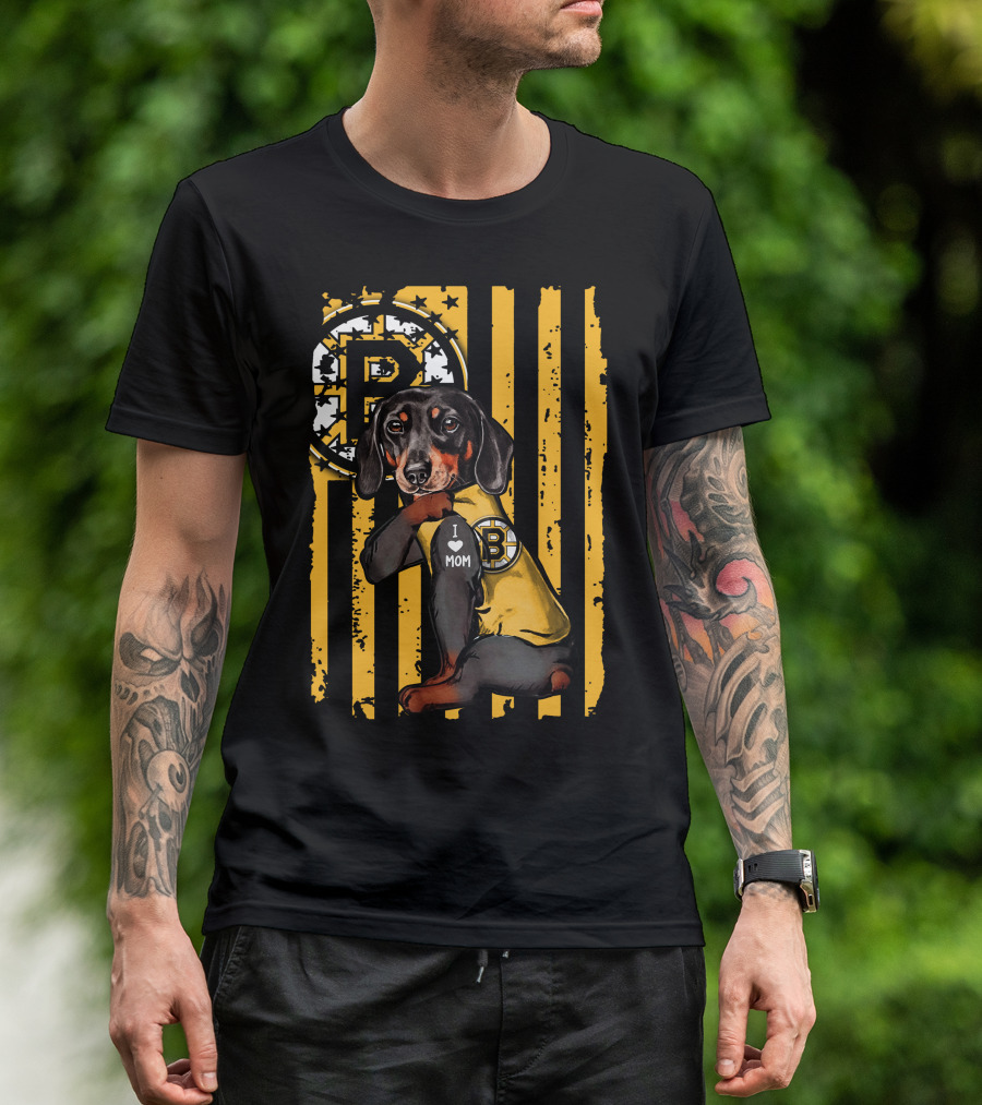 Dachshund I Love Mom Boston Bruins Stripes T-Shirt