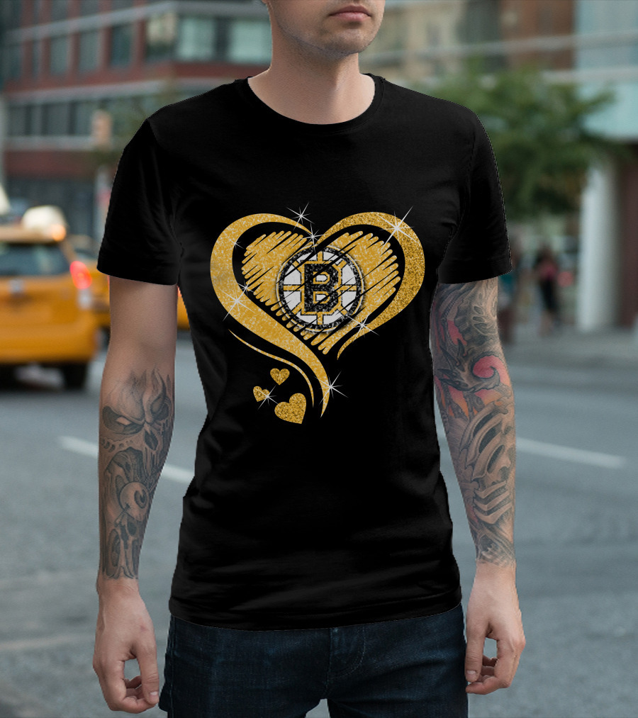 Boston Bruins Heart Glitter Logo Diamond T-Shirt