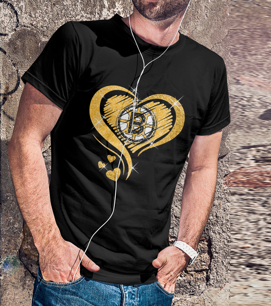 Boston Bruins Heart Glitter Logo Diamond T-Shirt
