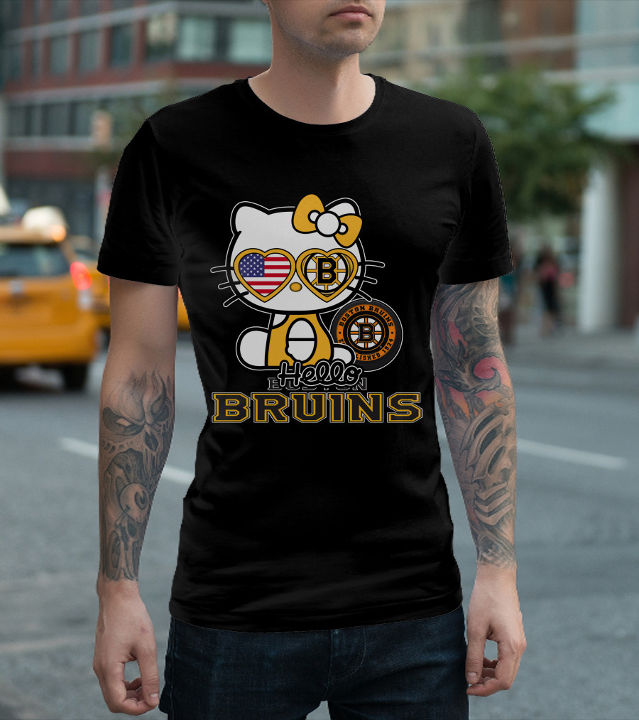 Hello Kitty Boston Bruins Established 1924 USA Flag Heart Sunglasses T-Shirt