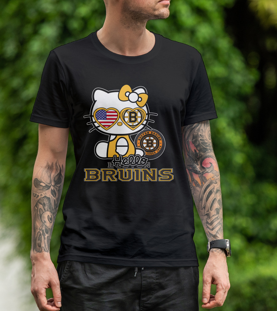 Hello Kitty Boston Bruins Established 1924 USA Flag Heart Sunglasses T-Shirt