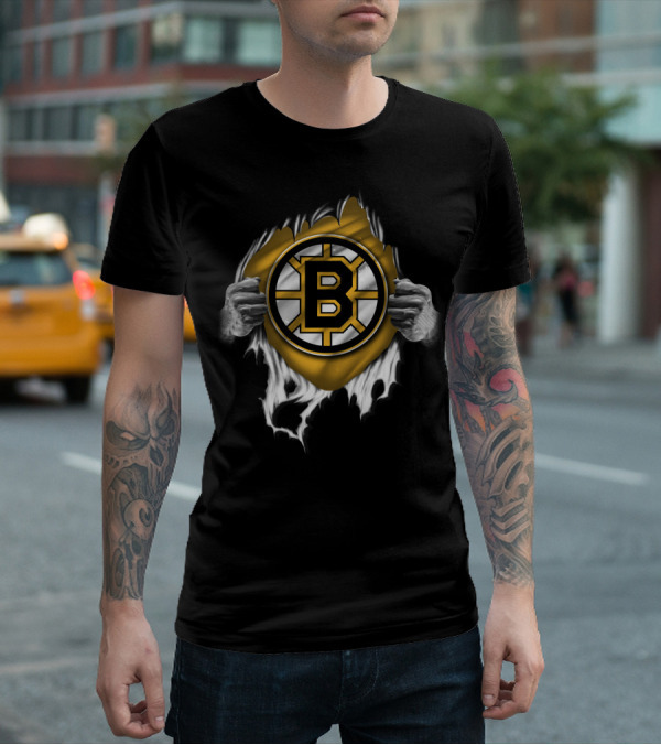 Torn Boston Bruins Hockey Emblem Revealed By Ripping Hands T-Shirt