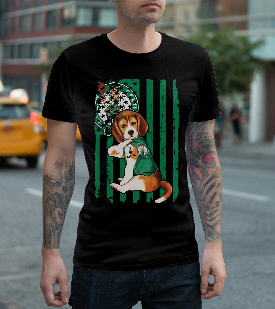 Beagle I Love Mom Boston Celtics Green Stripes T-Shirt