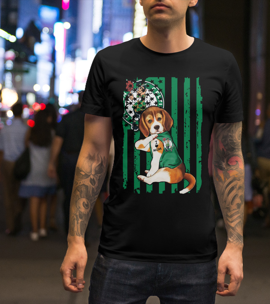 Beagle I Love Mom Boston Celtics Green Stripes T-Shirt