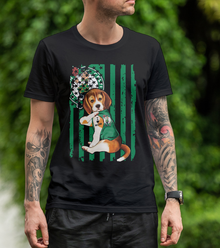 Beagle I Love Mom Boston Celtics Green Stripes T-Shirt