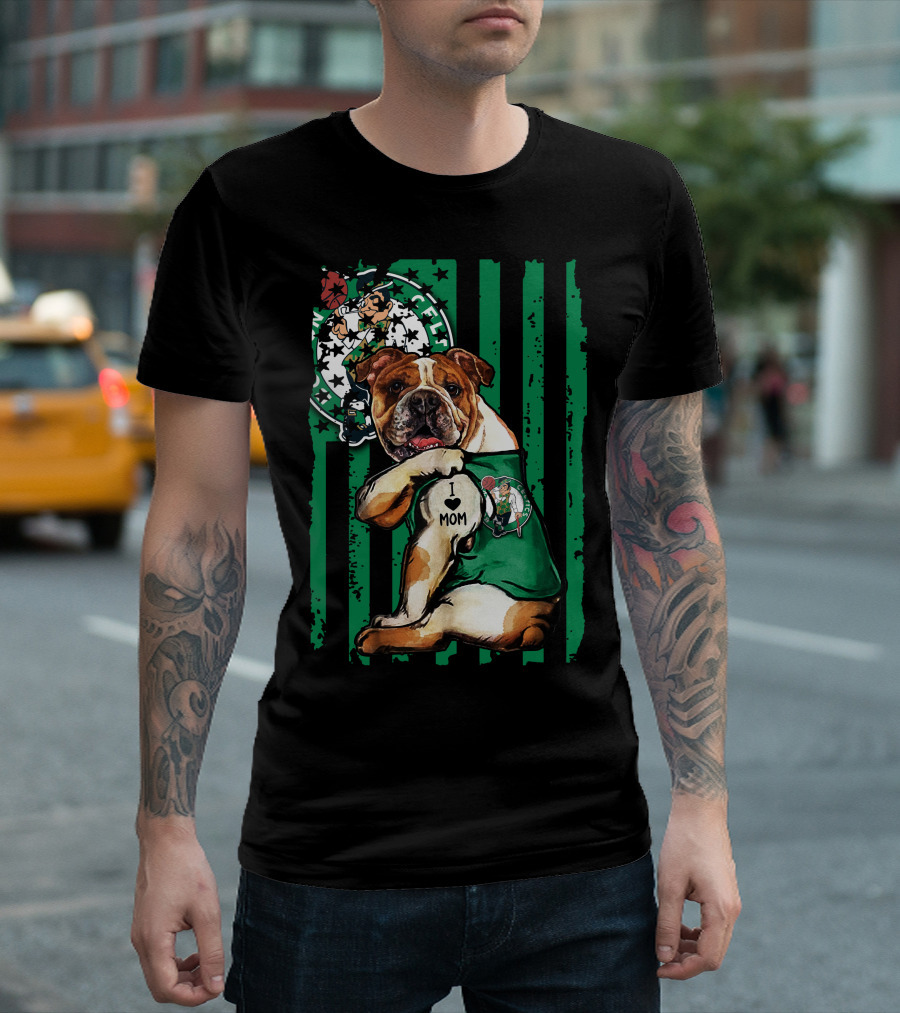 Bulldog Boston Celtics I Love Mom Green Stripes Basketball T-Shirt