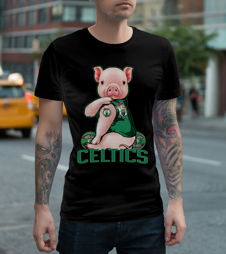 Pig Wearing Boston Celtics Logo Jersey With Celtics Text T-Shirt