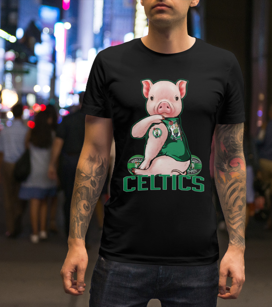 Pig Wearing Boston Celtics Logo Jersey With Celtics Text T-Shirt