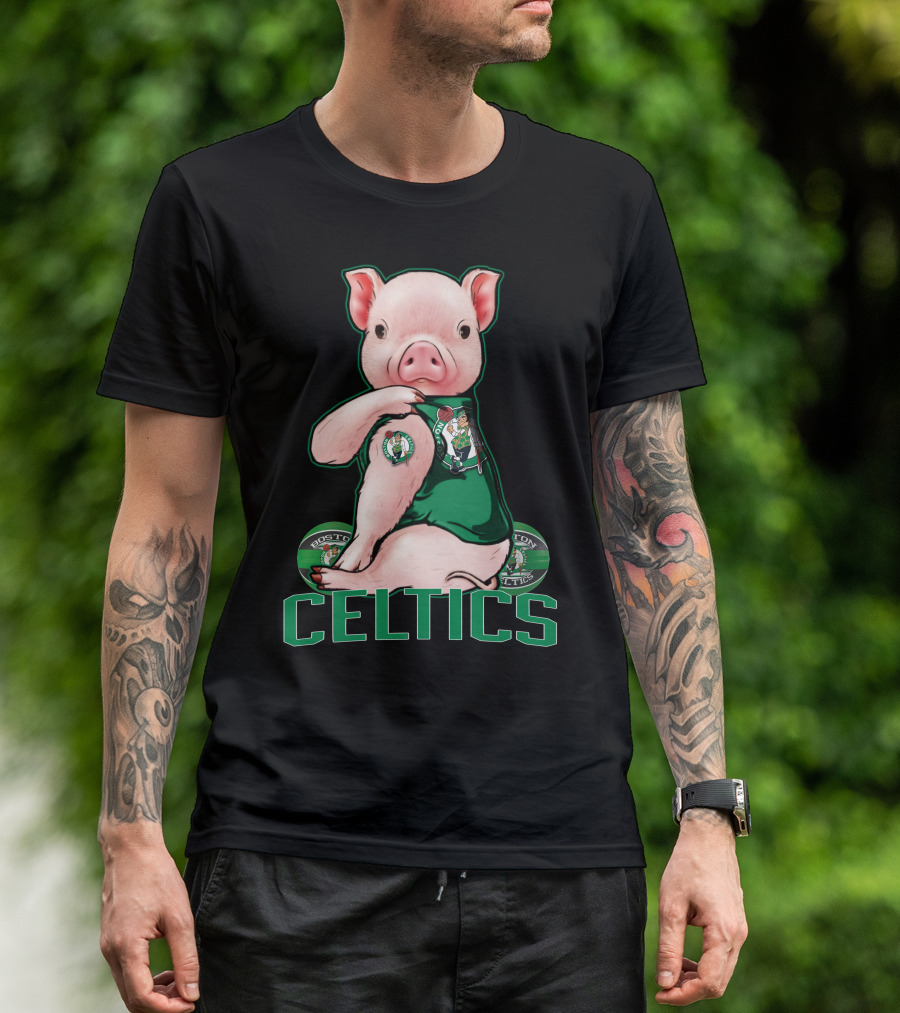 Pig Wearing Boston Celtics Logo Jersey With Celtics Text T-Shirt