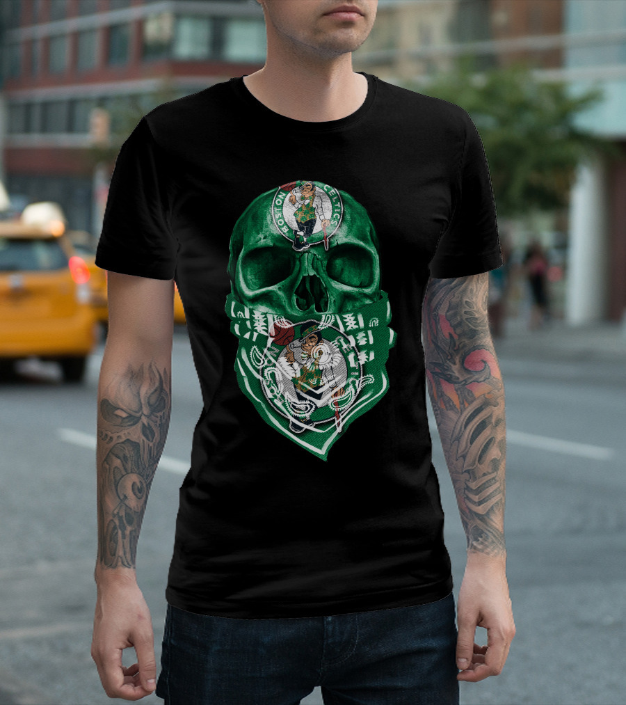 Boston Celtics Skull with Iconic Logos and Green Bandana T-Shirt