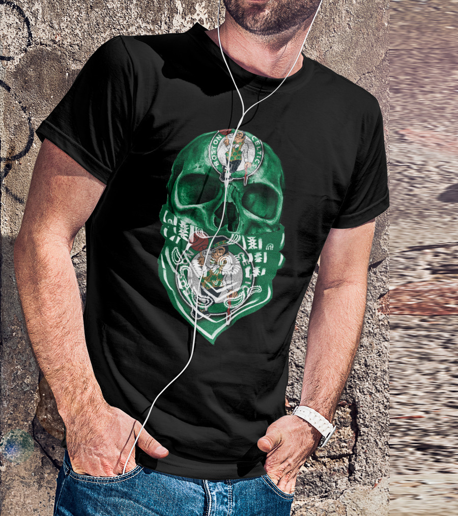 Boston Celtics Skull With Iconic Logos And Green Bandana T-Shirt