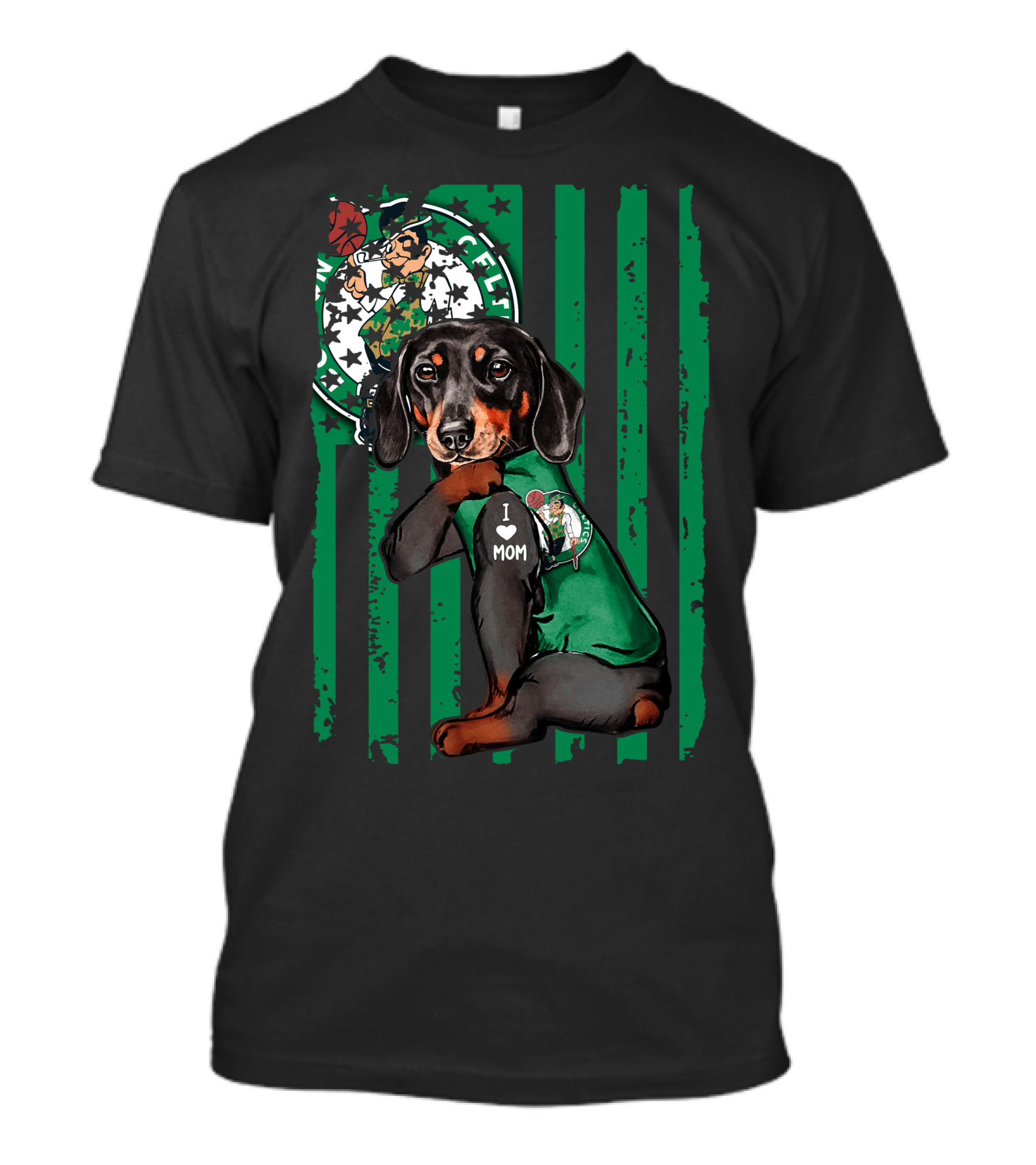 Dachshund Wearing I Love Mom Shirt With Boston Celtics Logo And Mascot T-Shirt