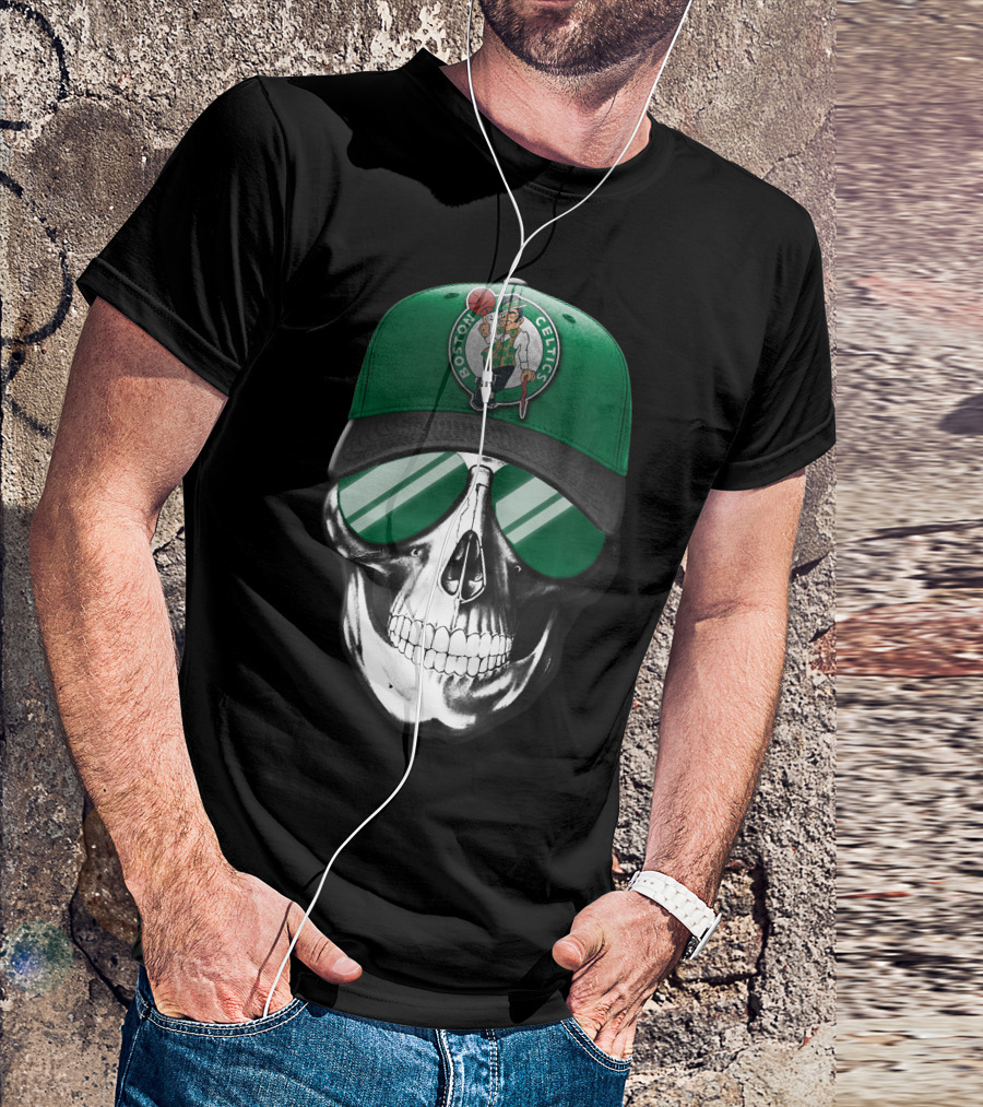 Boston Celtics Skull With Hat And Sunglasses T-Shirt