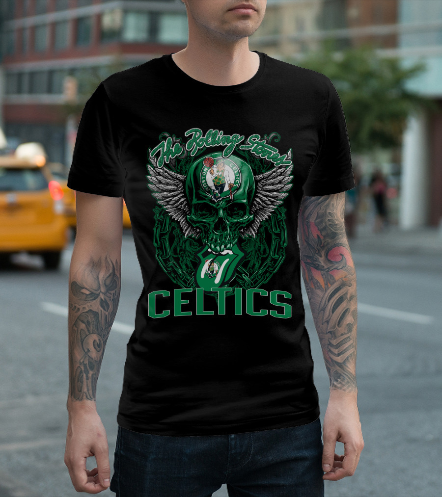 The Rolling Stones Celtics Boston Basketball Skull Logo Mashup T-Shirt