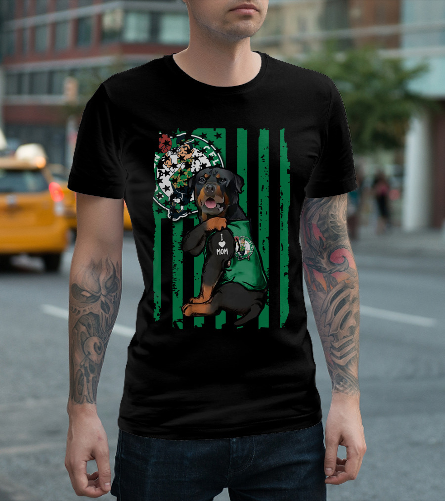 Rottweiler I Love Mom Boston Celtics Fan Logo Background T-Shirt