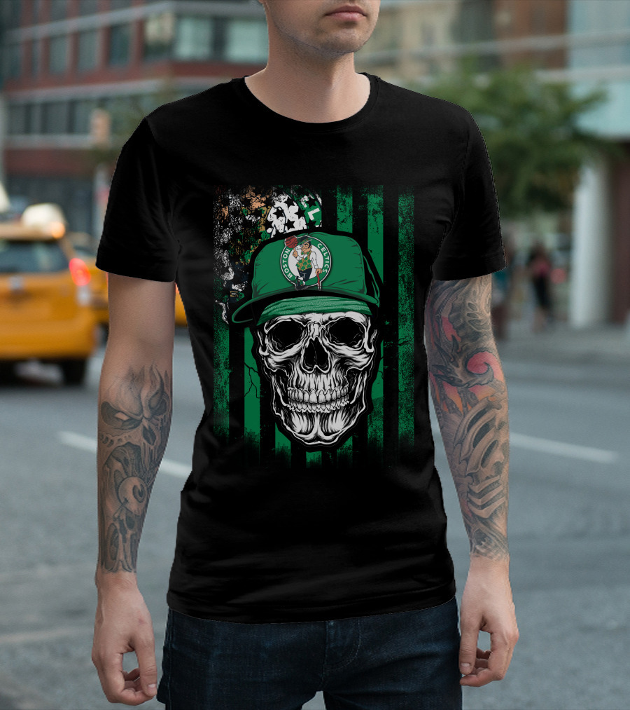 Boston Celtics Skull With Team Logo Hat T-Shirt