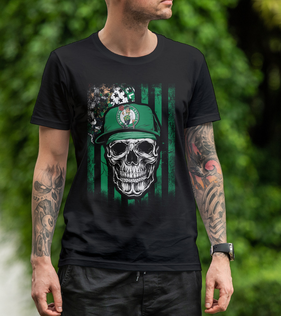 Boston Celtics Skull With Team Logo Hat T-Shirt